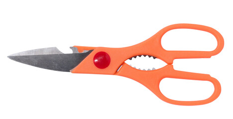 Kitchen scissors with plastic orange handle on isolated background