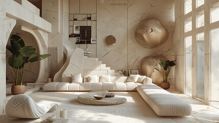 Modern and stylish living room interior with elegant furniture and natural light shining through large windows, evoking a serene and luxurious ambiance. 