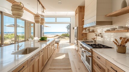 Bright modern kitchen interior with a beach view and natural light illuminating wooden cabinets and...