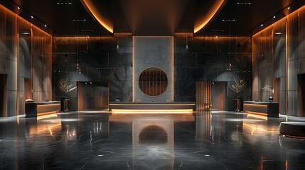 Luxurious modern hotel lobby with elegant lighting and reflective marble floors, evoking a sense of sophistication and wealth