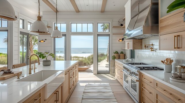 Bright and modern beachfront kitchen with an ocean view through large glass doors, evoking a serene coastal lifestyle. 