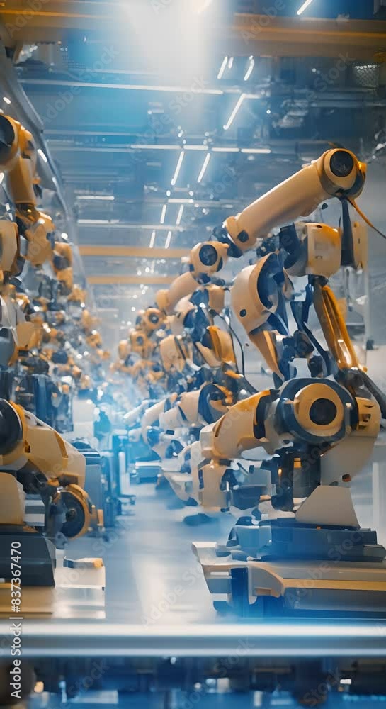 Poster an advanced futuristic robot factory showcasing a series of sophisticated robots along a production 