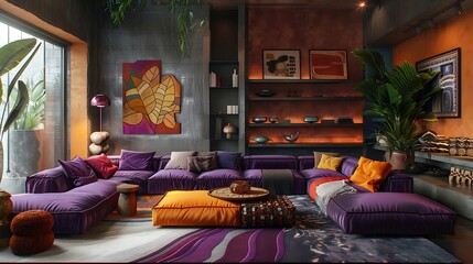 Modern bohemian style interior with vibrant purple sectional sofa and eclectic decor elements adding a cozy and artistic ambiance to the space. 