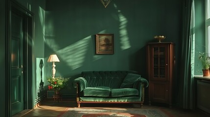 A classic living room interior bathed in serene green hues with sunlight casting patterns through the window, creating a tranquil ambiance. 