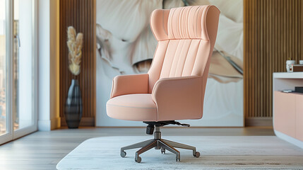 Modern executive revolving chair in soft peach, with ergonomic design and adjustable features, side profile, in a contemporary office space.