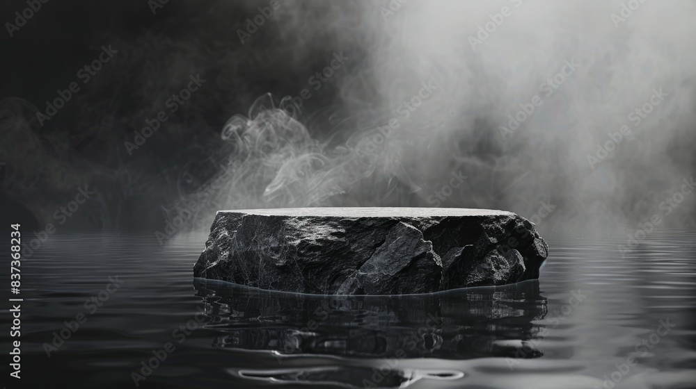 Poster abstract minimal concept. a dark background with natural granite stones on a podium surrounded by sm
