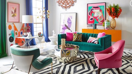 Bright and colorful living room interior with eclectic decor and a variety of modern furnishings. 