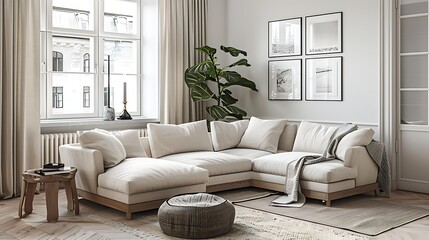 Cozy living room interior with a comfortable white sectional sofa and stylish decor elements in a bright apartment setting 