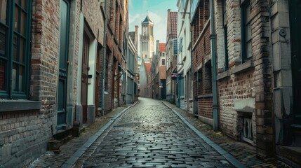 Fototapeta premium Quaint European Alley on a Sunny Day: Cobblestones and Historic Buildings