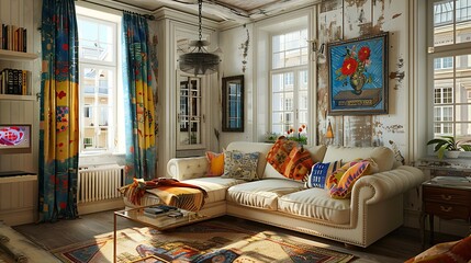 A cozy and well-lit living room with eclectic decor and a comfortable sofa bathed in natural light from large windows. 