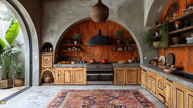 Rustic kitchen interior with terracotta tiles, vintage wood furniture, and a pizza oven adds a cozy, traditional charm to this homey space. 