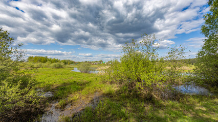 A tranquil scene of a lush meadow with a winding river meandering through it, all under a bright blue sky dotted with puffy white clouds. The greenery of spring is vibrant, showcasing natures beauty.