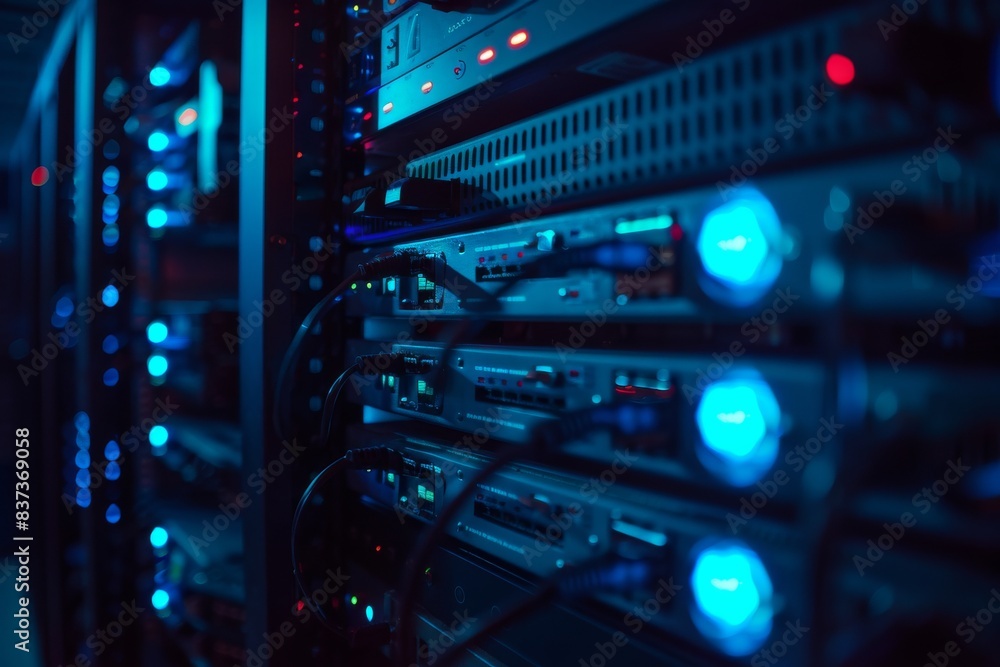 Poster copy space in a supercomputer with a futuristic rack server adorned with blinking lights