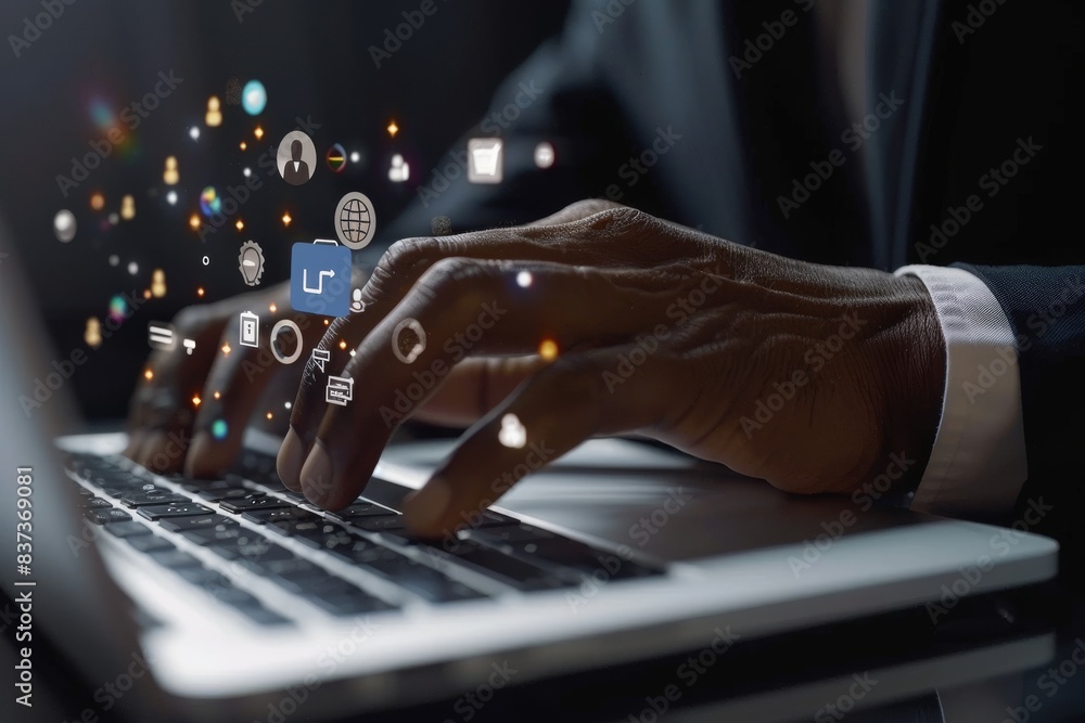 Poster an ai chatbot, a search engine, a businessman using a laptop to connect to the ai, using the command
