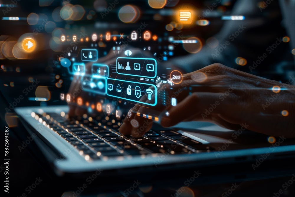 Poster businessman using laptop connection to ai to generate idea, solve problems, digital transformation, 