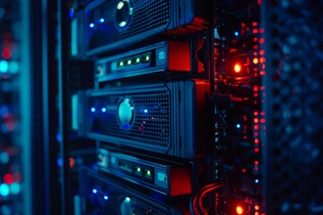 Obraz premium Infinity-style futuristic background of rack servers in a supercomputer, blinking lights