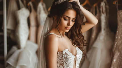 Fototapeta premium The bride receives help with her wedding dress, decorated with intricate embroidery and ruffles, in a room with hanging dresses with soft natural lighting.