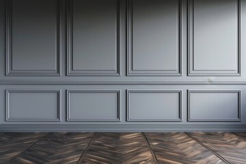 Timeless grey wall panels with dark herringbone flooring in a refined space
