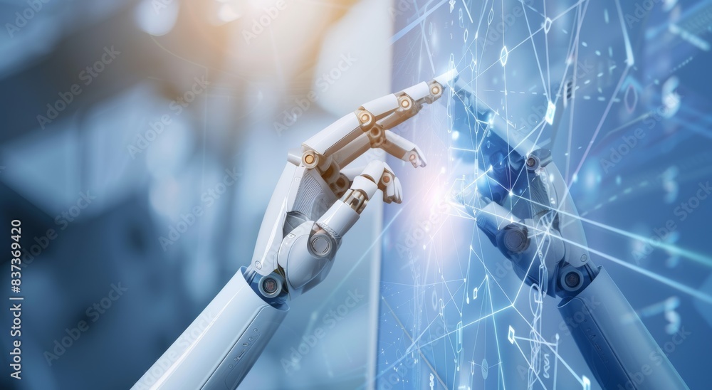 Poster hands of robots and humans interacting with a digital graph interface in 3d
