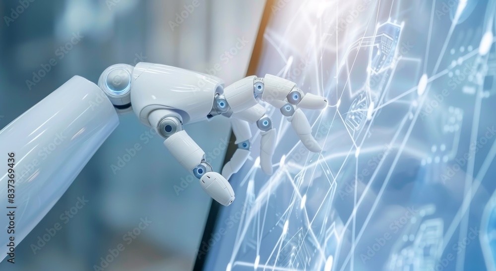 Poster three-dimensional rendering of human hand and robot hand touching a digital graph interface