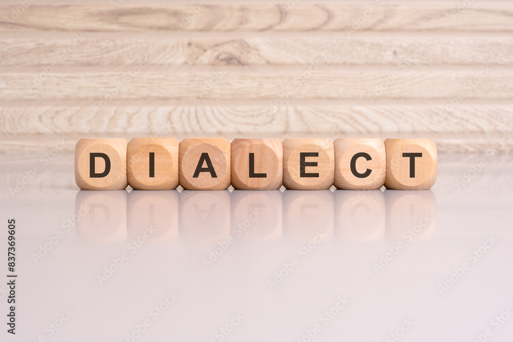 Poster wooden blocks displaying the word 'dialect' arranged on a glossy gray surface