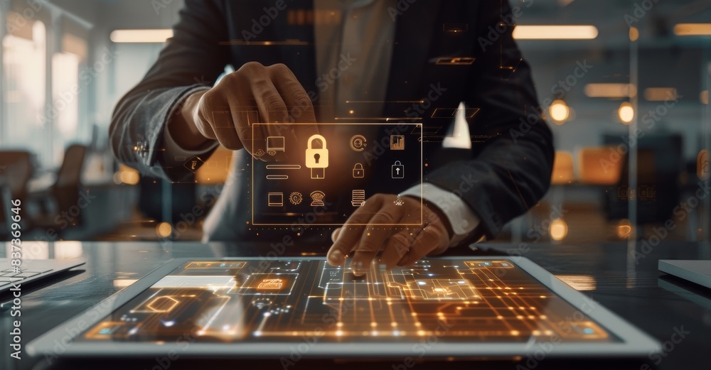 Poster protecting data from cyber threats, safeguarding business data and financial transaction data, and e