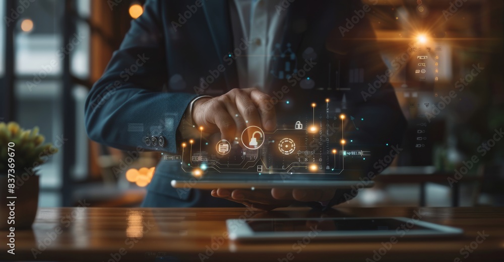 Poster businessman using laptop internet network security to protect business and financial transaction dat