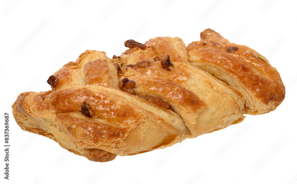 Poster rectangular pastry made from puff pastry with maple syrup and pecan nuts on a white background