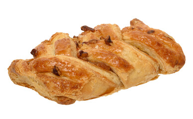Rectangular pastry made from puff pastry with maple syrup and pecan nuts on a white background