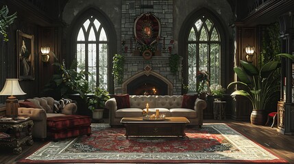 Victorian-style living room with a cozy fireplace and lush houseplants in a luxurious estate interior design concept. 