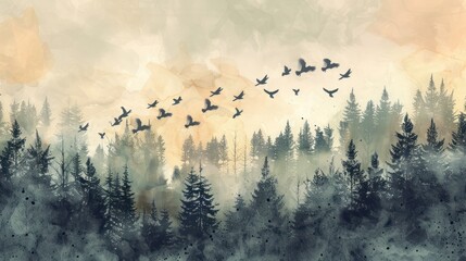 soft pastel watercolor a flock of birds flying above the trees in a forest wallpaper