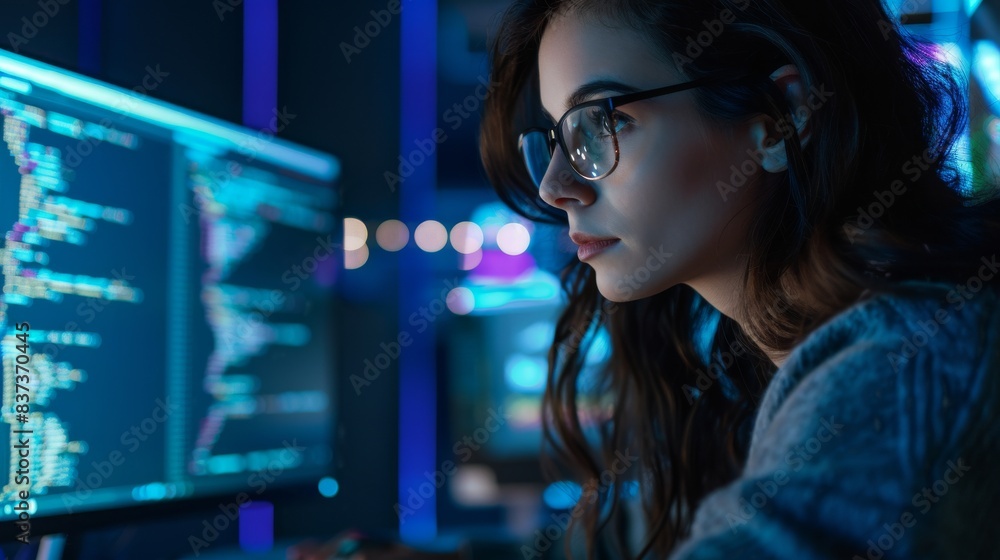 Poster computer engineer working on desktop computer. she develops and codes software, designs websites and