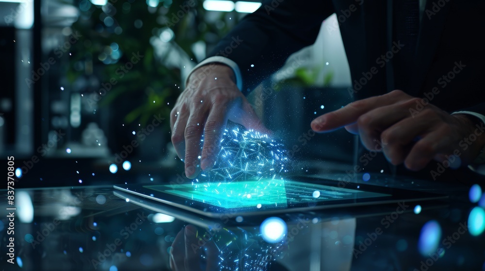 Poster using laptop, a data scientist analyses and develops information on a futuristic screen with virtual
