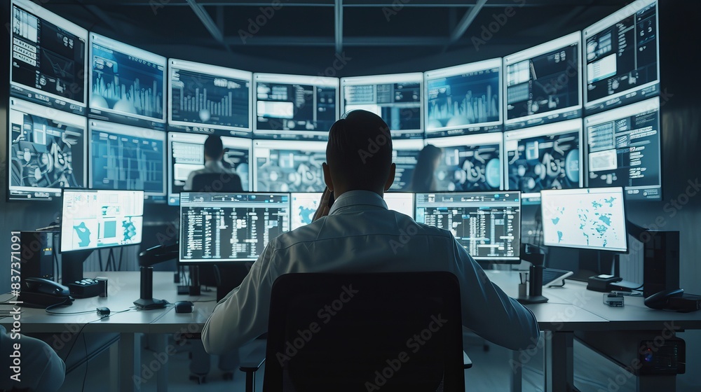 Poster operators and administrators sit at their workstations with multiple displays showing graphics and l