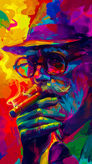 Colorful portrait of an elderly man in a hat with a white beard and glasses smoking a cigar; the portrait is made with expressive abstract brush strokes for Father's Day.