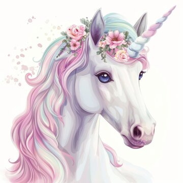 An illustrative watercolor illustration of a cute unicorn with butterflies and flowers on a white background.