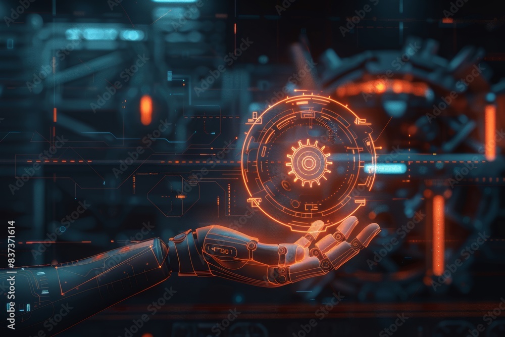 Aufkleber the future of manufacturing is depicted in a graphic interface by a futuristic design in which autom