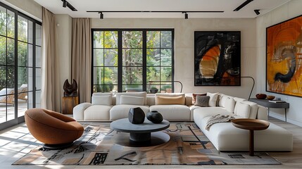 Modern luxury living room with elegant furniture and large windows overlooking a garden.