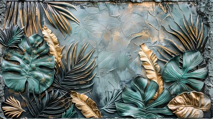 Tropical leaves on the background of a plastered concrete wall.