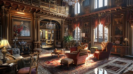 Fototapeta premium Elegant vintage interior of a luxurious living room with rich wooden paneling and classic furniture illuminated by natural light through tall windows, evoking a sense of historical opulence and grande