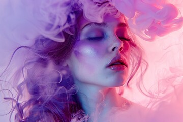 Fototapeta premium Image generated by artificial intelligence showing a close-up portrait of top model surrounded by a purple pink cloud of smoke on an isolated pastel blue background. Abstract fashion concept.