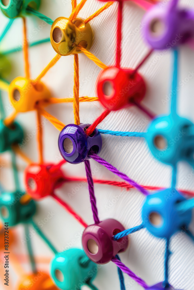Wall mural close-up view of multicolored threads connected by a placemarkers, location buttons