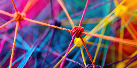 Close-up view of multicolored threads connected by a placemarkers, location buttons