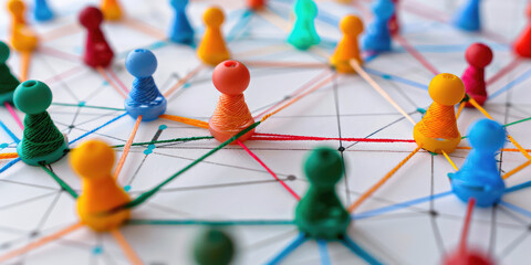 Close-up view of multicolored threads connected by a placemarkers, location buttons