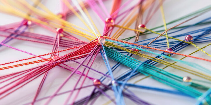 Close-up view of multicolored threads connected by a placemarkers, location buttons