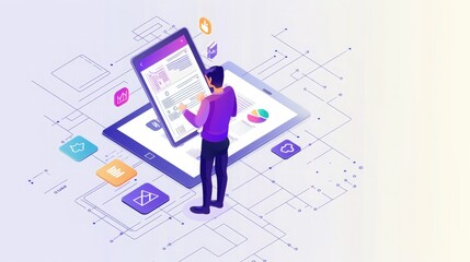 QA engineer executing user acceptance test using tablet and stylus, with copyspace available