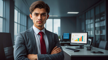 portrait of elegantly dressed young businessman ceo standing in his personal office