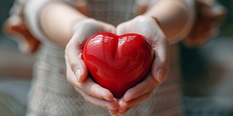 Tender Hands Holding a Vibrant Red Heart in the Soft Light of Day - Powered by Adobe