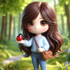 Illustration of young girl with long brown hair in casual clothes, with jeans, shirt and sneakers in the park with a ladybug