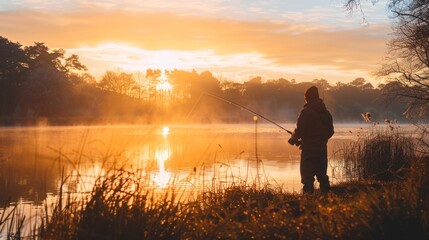 Serene Sunrise Fishing Scene by the Lake with Golden Light Reflections